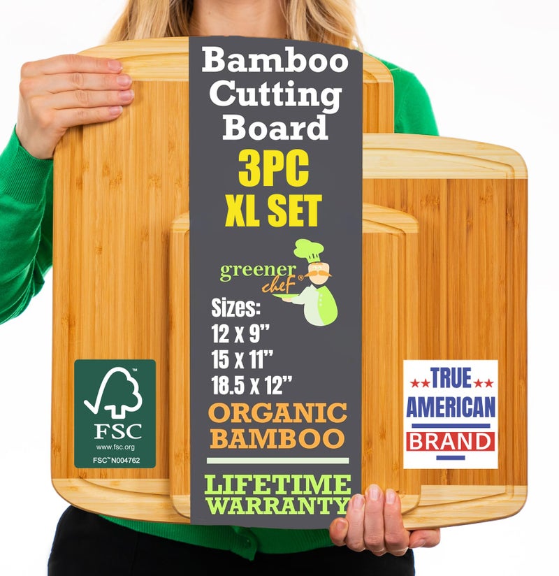 Greener Chef Organic Bamboo Cutting Boards for Kitchen Set of 3 with Lifetime Replacements â€“ Premium Extra Large Wood Chopping Boards with Juice Grooves for Carving & Serving, Non-Toxic & Durable by Greener Chef - Image 1